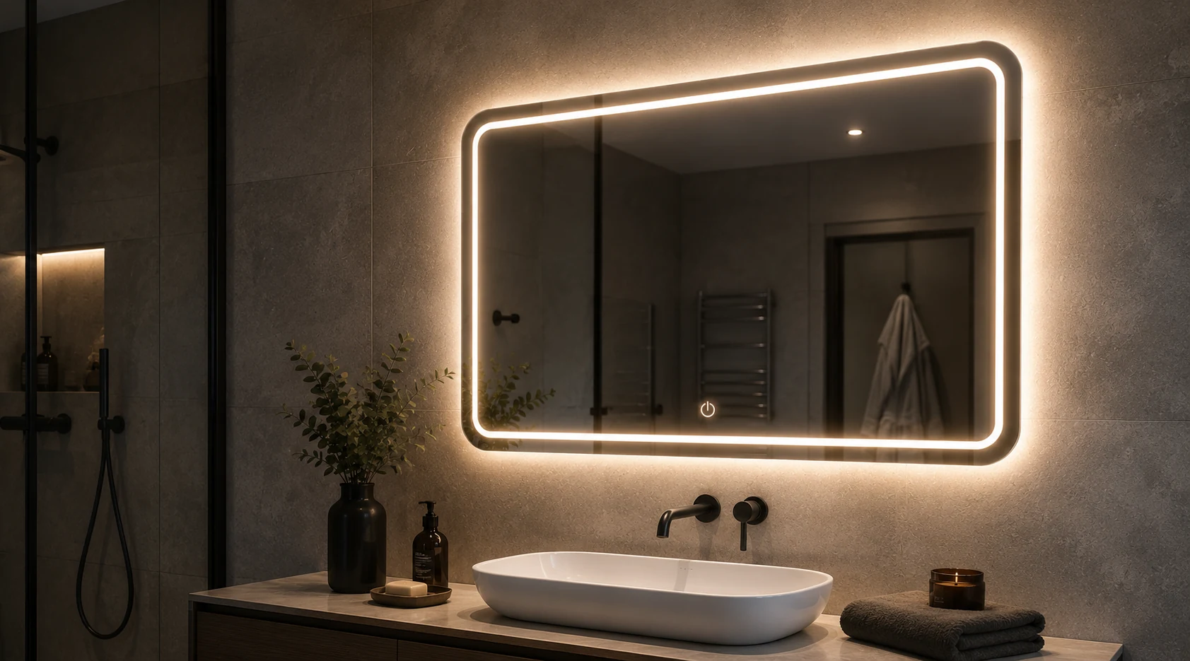 Custom illuminated backlit bathroom mirror with warm LED lighting