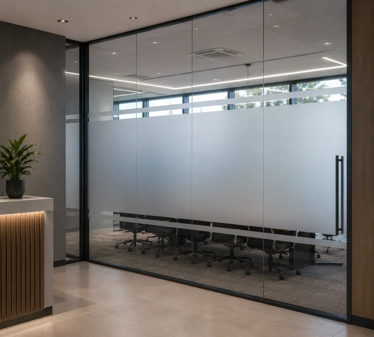 Office glass with cut vinyl company logo and privacy frosting
