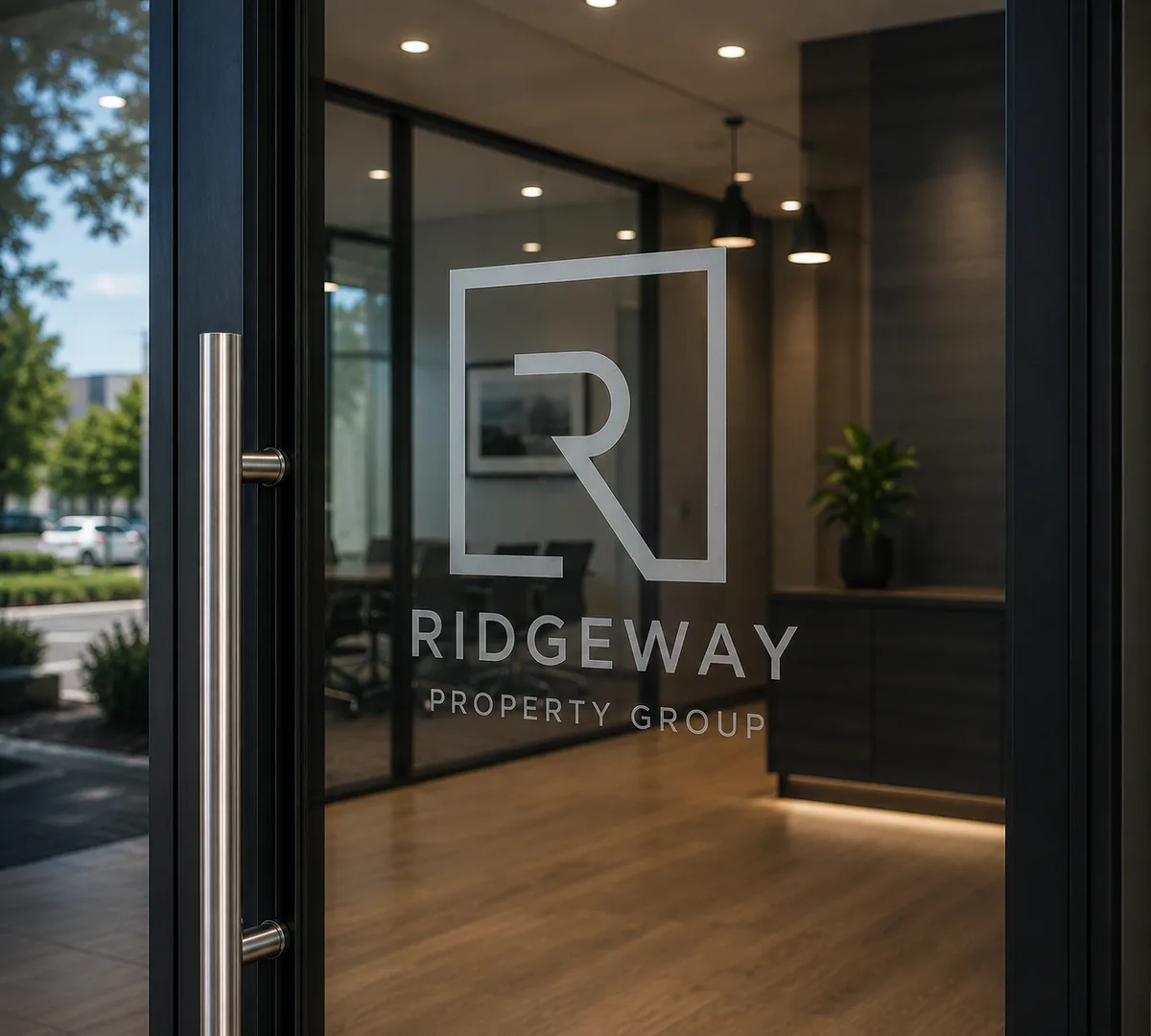 Frosted logo on a glass front door