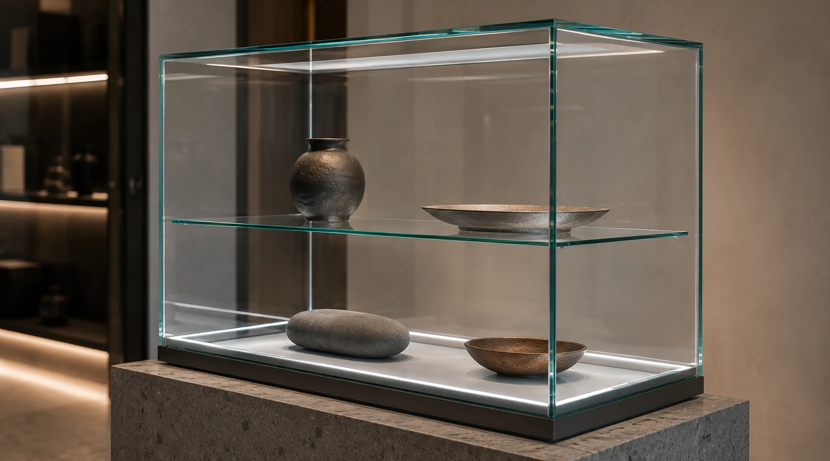Custom glass display case assembled with clean UV-bonded joints